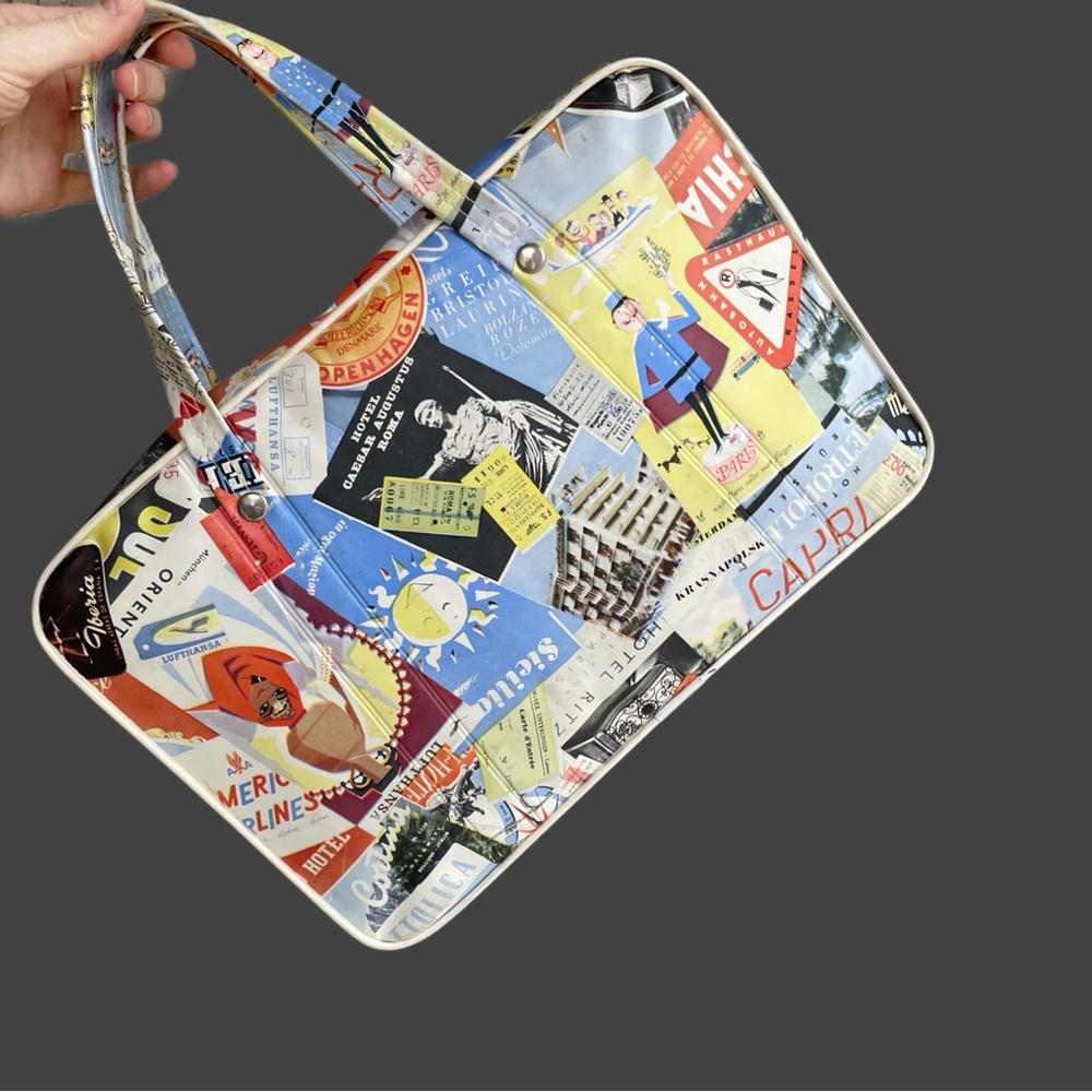 VINTAGE 60s 70s Travel Sticker Stamp Cooler Bag Luggage Style Insulated Bag - Picture 4 of 12